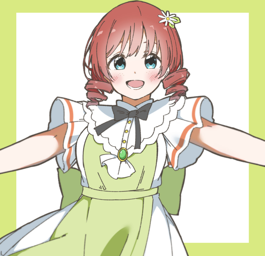 1girl, :d, black_bow, black_bowtie, blue_eyes, border, bow, bowtie