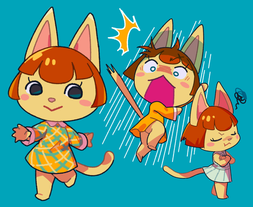 1girl, animal_crossing, animal_ears, blue_background, blush_stickers, cat_ears, cat_girl, cat_tail