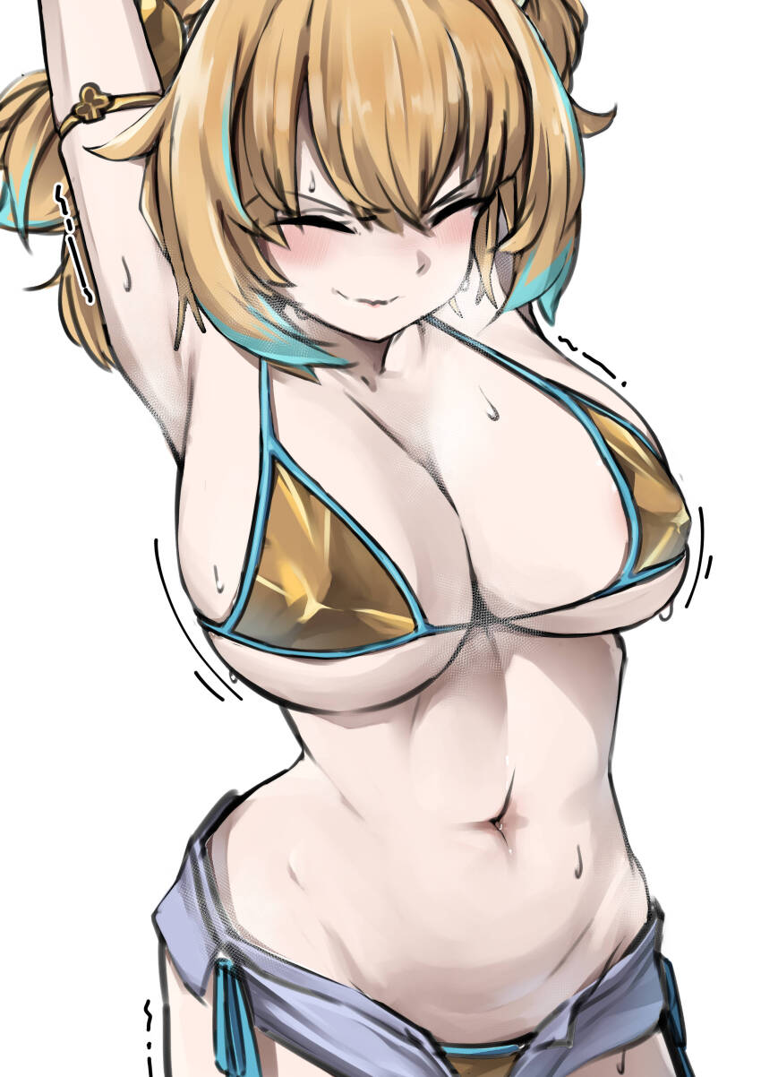1girl, absurdres, armpits, arms_up, bikini, blonde_hair, blue_hair, blush