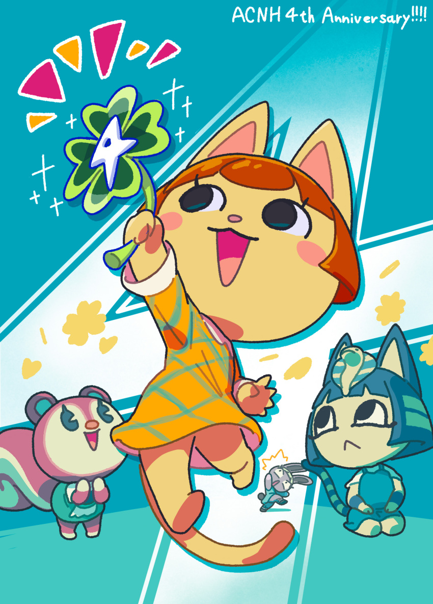 4girls, absurdres, animal_crossing, animal_crossing:_new_horizons, animal_ears, ankha_(animal_crossing), anniversary, blue_hair