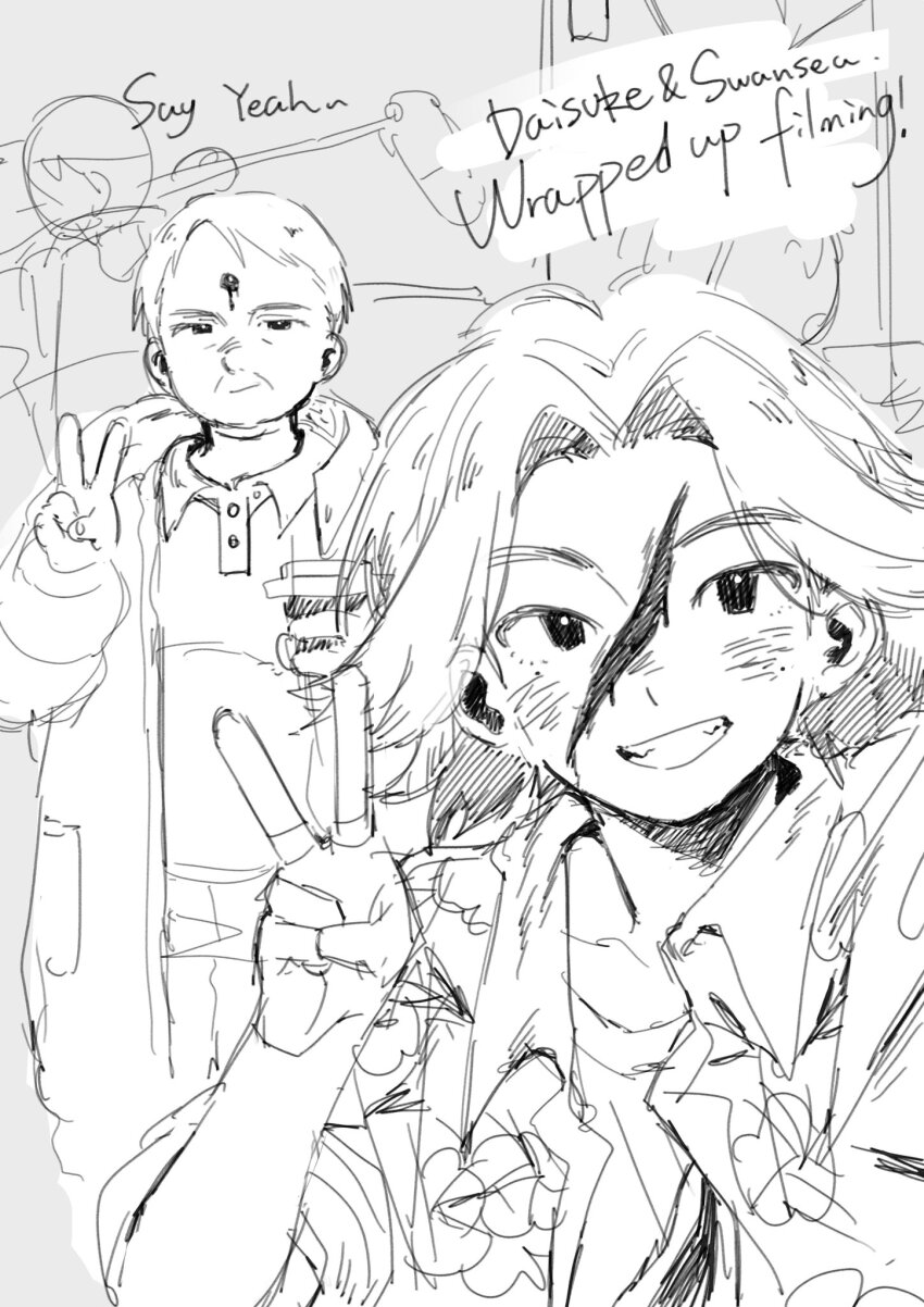 2boys, alternate_universe, blush, bullet_wound, closed_mouth, collared_shirt, cowboy_shot, daisuke_(mouthwashing)