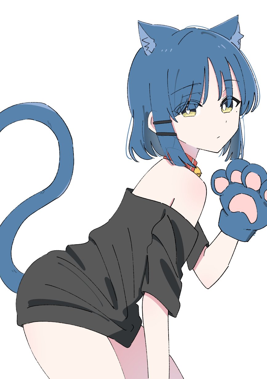 1girl, 818_seki, animal_ears, animal_hands, bell, black_shirt, blue_hair, blush