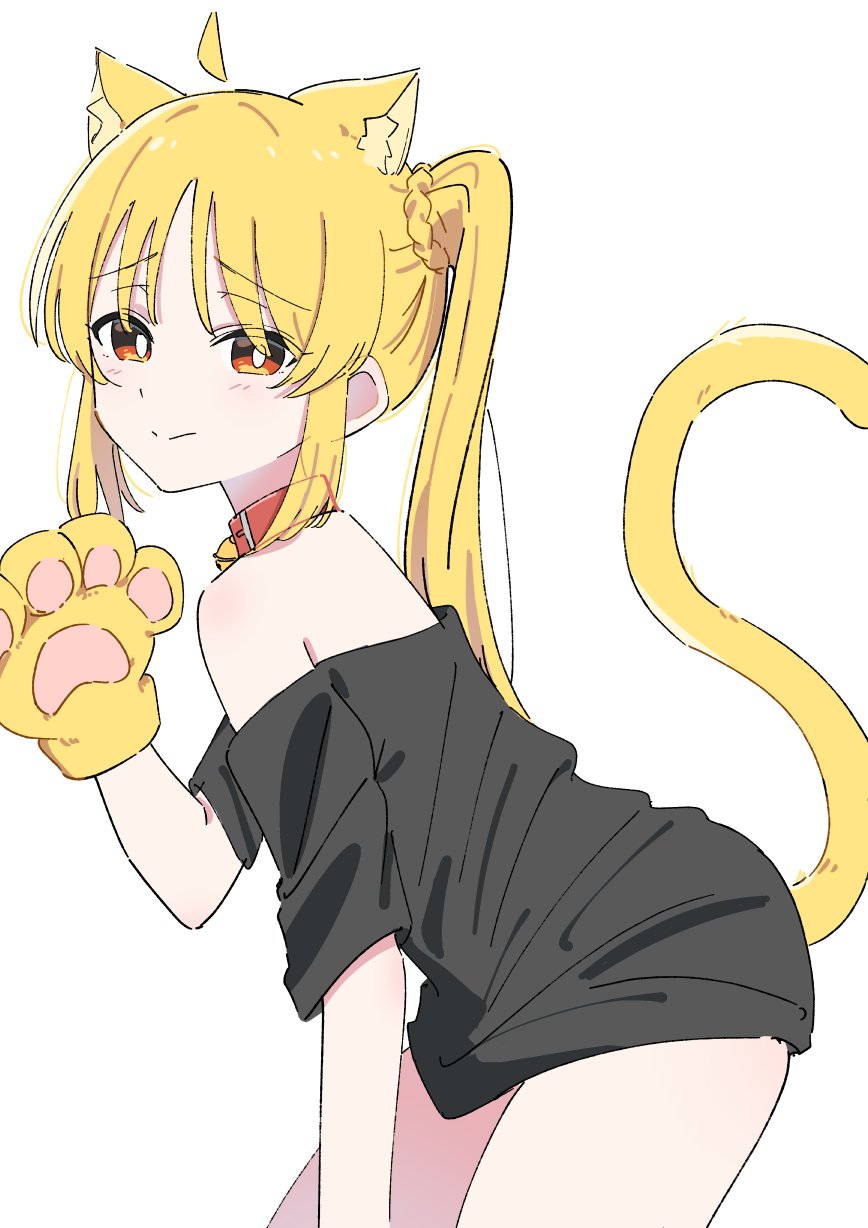 1girl, 818_seki, ahoge, animal_ears, animal_hands, bell, black_shirt, blonde_hair