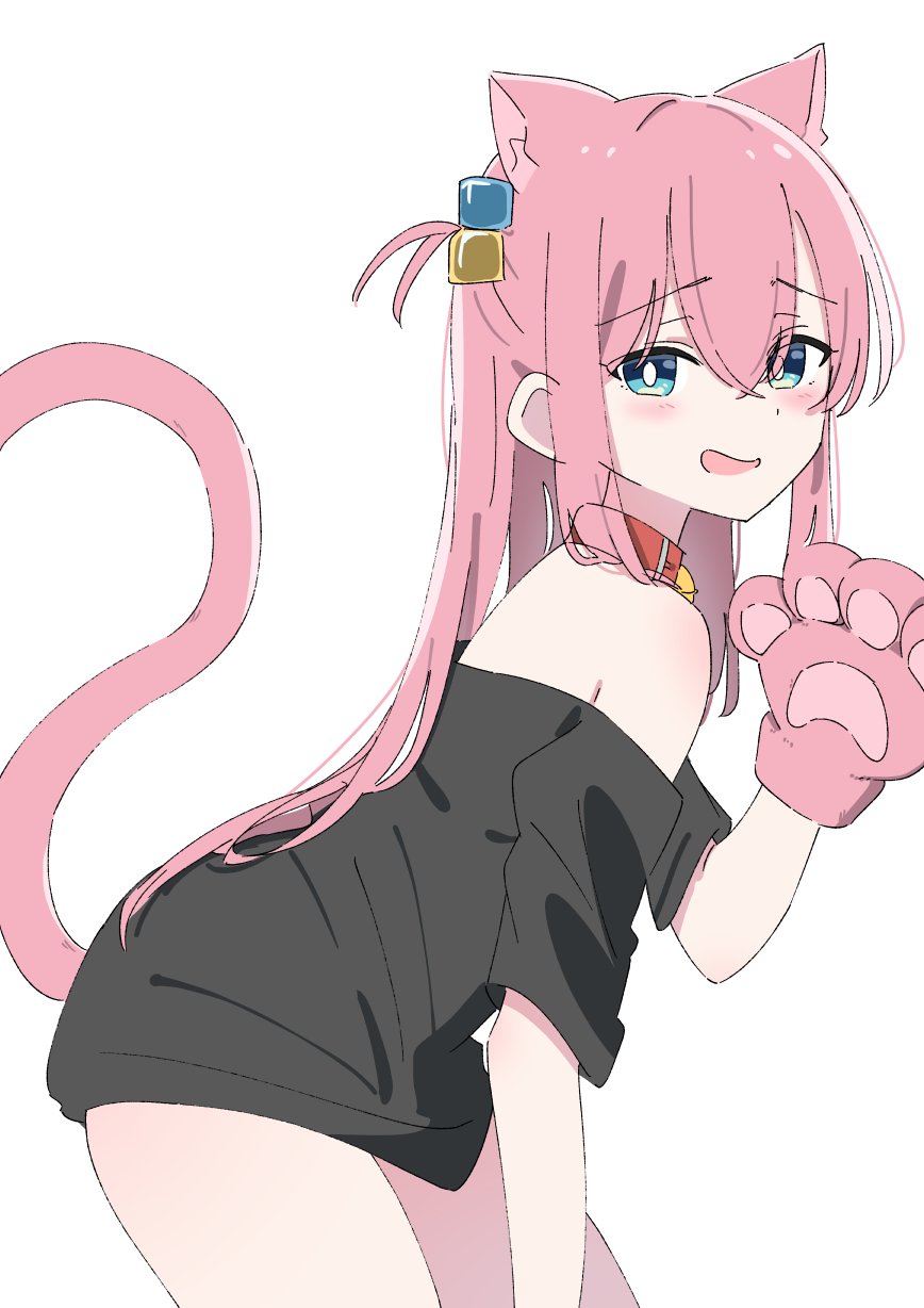 1girl, 818_seki, animal_ears, animal_hands, bell, black_shirt, blue_eyes, bocchi_the_rock!, cat_ears, cat_girl, cat_paws, cat_tail, collar, cube_hair_ornament, gotoh_hitori, hair_ornament, highres, jingle_bell, kemonomimi_mode, light_blush, long_hair, looking_at_viewer, loose_clothes, oversized_clothes, oversized_shirt, paw_pose, pink_hair, shirt, simple_background, smile, solo, t-shirt, tail, white_background