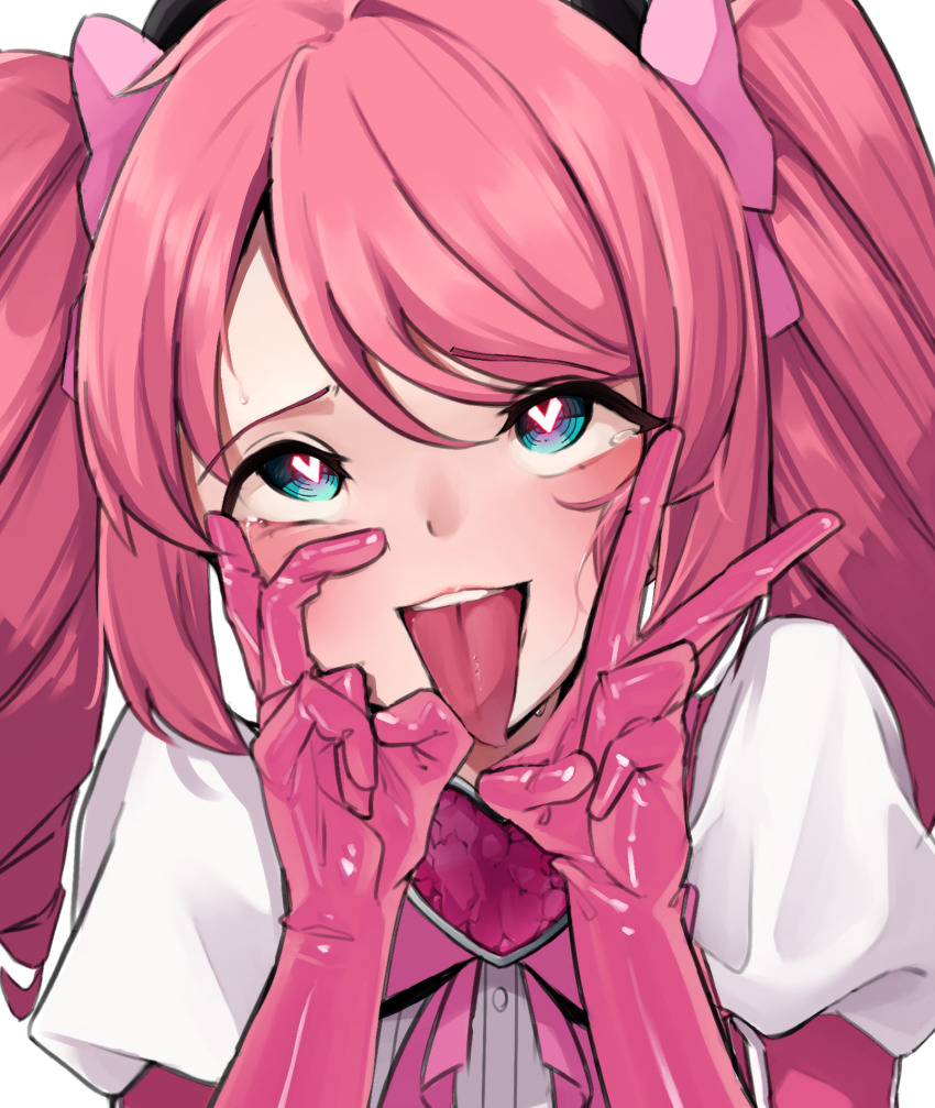 1girl, ahegao, blue_eyes, blush, bow, bowtie, brooch, double_v, drill_hair, elbow_gloves, gloves, hair_between_eyes, hanabishi_haruka, heart, heart-shaped_pupils, heart_brooch, highres, hypnosis, jewelry, long_hair, looking_at_viewer, magia_magenta, magical_girl, mahou_shoujo_ni_akogarete, mind_control, nouka, open_mouth, pink_bow, pink_bowtie, pink_gloves, pink_hair, ringed_eyes, shirt, smile, solo, symbol-shaped_pupils, tongue, tongue_out, twin_drills, upper_body, v, white_shirt