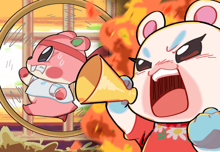 2girls, animal_crossing, animal_ears, apple_(animal_crossing), clenched_hand, commentary_request, dress, fire