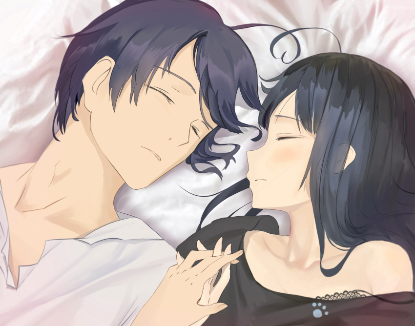 1boy, 1girl, absurdres, ahoge, black_hair, black_shirt, closed_eyes, closed_mouth