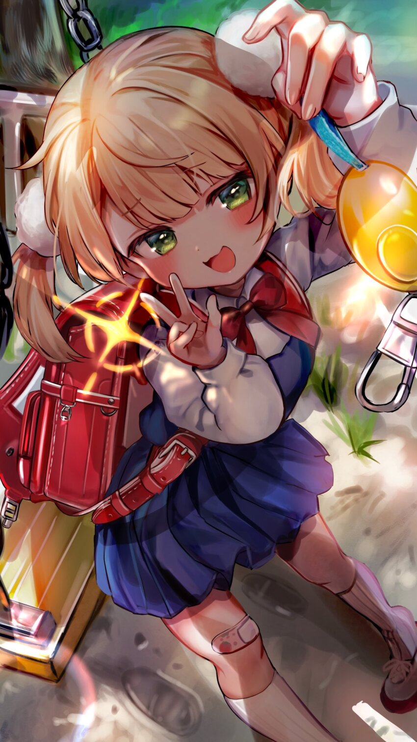 backpack, bag, bandaid, bandaid_on_knee, bandaid_on_leg, blue_dress, blush, bow