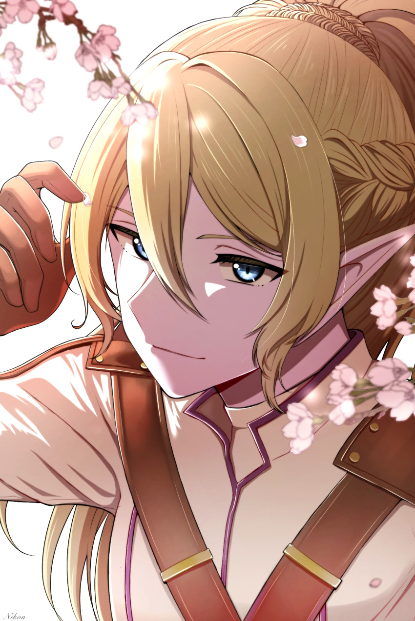 1boy, androgynous, blonde_hair, blue_eyes, blurry, braid, brown_gloves, closed_mouth