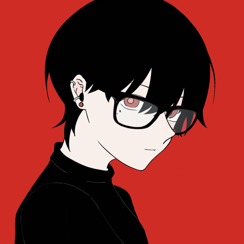 1girl, black-framed_eyewear, black_hair, black_shirt, ear_piercing, earrings, glasses, goukon_ni_ittara_onna_ga_inakatta_hanashi