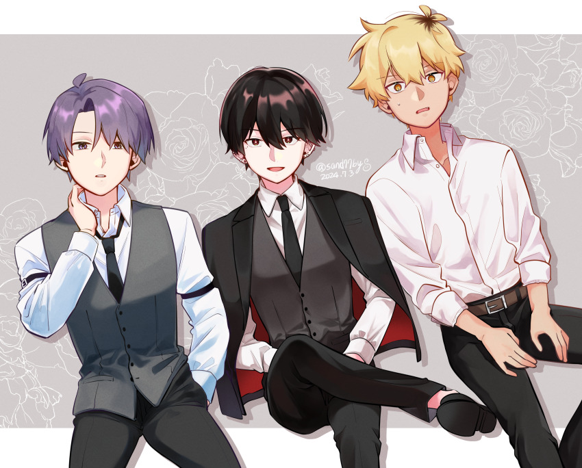 3girls, :d, :o, belt, black_footwear, black_hair, black_pants, blonde_hair