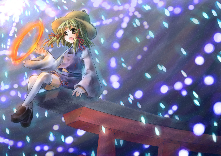 1girl, bad_id, bad_pixiv_id, black_shoes, blonde_hair, brown_hat, chakram, danmaku