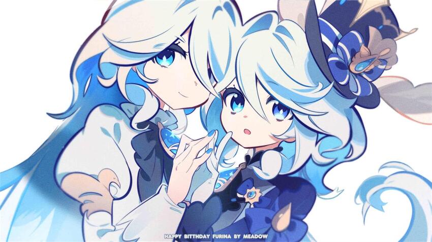 2girls, :o, blue_eyes, blue_hair, blue_hat, blue_nails, blue_shirt, colored_inner_hair