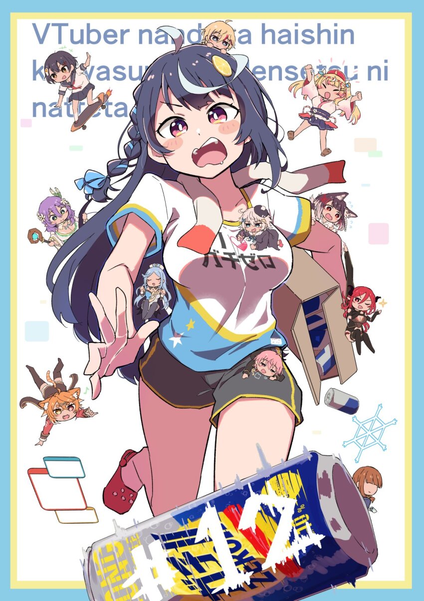 6+girls, ahoge, asagiri_hareru, beer_can, black_hair, can, chibi, dress