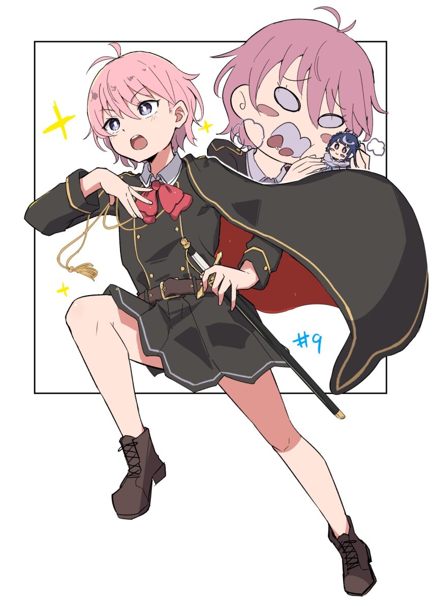 antenna_hair, black_cloak, black_dress, bow, cloak, dress, full_body, highres