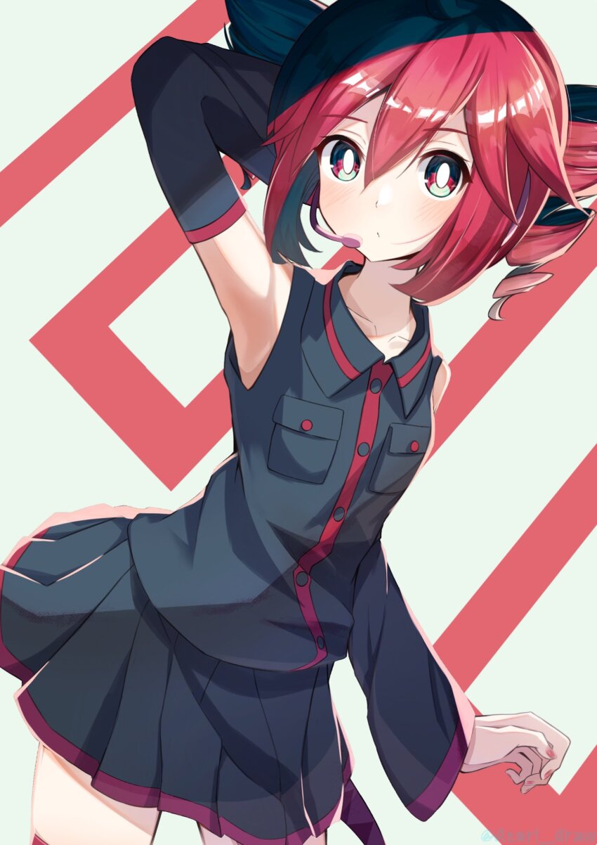 1girl, asari_draw, bare_shoulders, belt, black_shirt, black_skirt, black_sleeves, blush