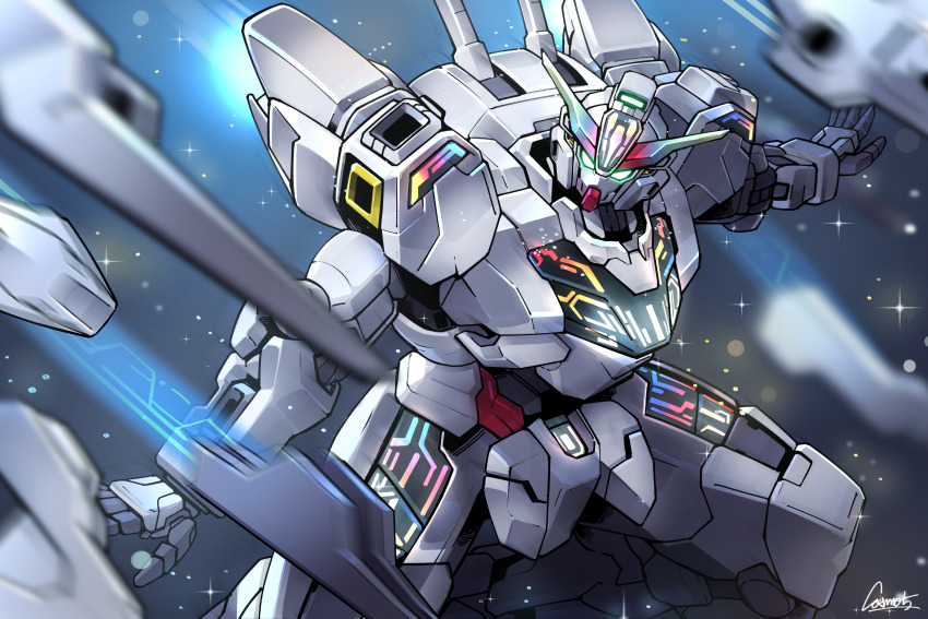 absurdres, bit_(gundam), commentary, cosmo-5, exhaust, glowing, glowing_eyes, green_eyes