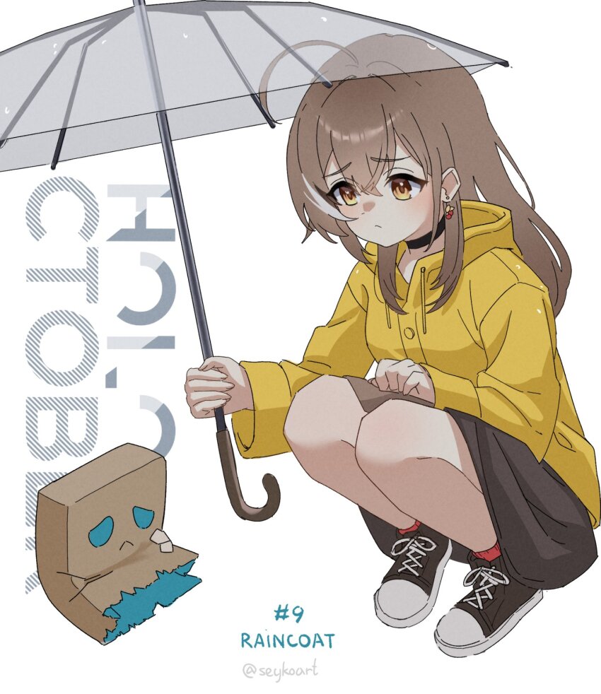 1girl, ahoge, alternate_costume, black_choker, black_footwear, black_hair, black_skirt, brown_hair