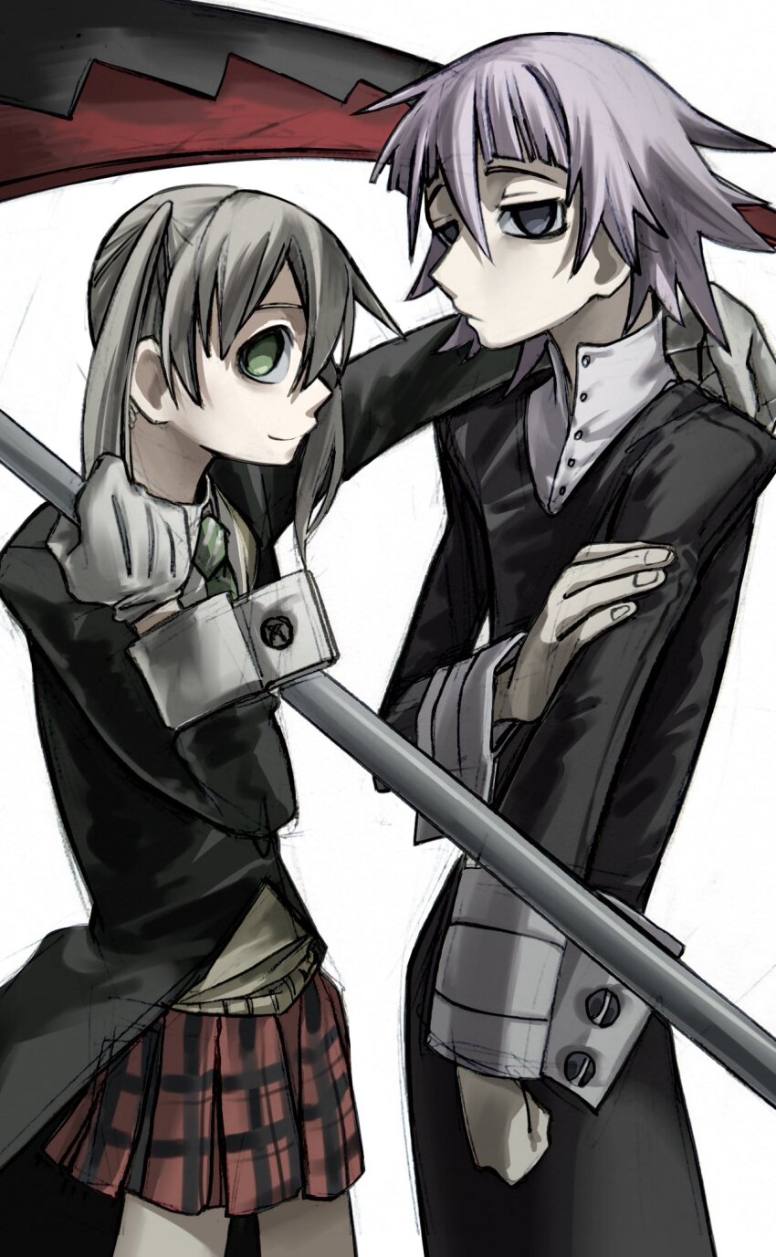 1girl, arm_around_another's_back, black_dress, crona_(soul_eater), dress, gloves, green_eyes, green_necktie, hands_on_own_arms, highres, holding, holding_scythe, light_frown, light_smile, maka_albarn, necktie, nyanyanyannyy, plaid_clothes, plaid_skirt, purple_hair, school_uniform, scythe, skirt, soul_eater, twintails