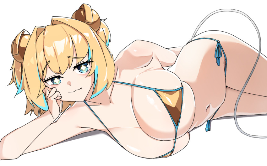 +_+, 1girl, arm_behind_back, arm_support, bikini, blonde_hair, blue_eyes, blue_hair, blush, bombergirl, breasts, cleavage, closed_mouth, commentary_request, cowboy_shot, explosive, fang, gold_bikini, grenade, grenade_hair_ornament, hair_intakes, halterneck, large_breasts, looking_at_viewer, lying, multicolored_hair, navel, nouka, on_side, pine_(bombergirl), shiny_skin, short_hair, simple_background, skin_fang, smile, smug, solo, string_bikini, swimsuit, two-tone_hair, white_background