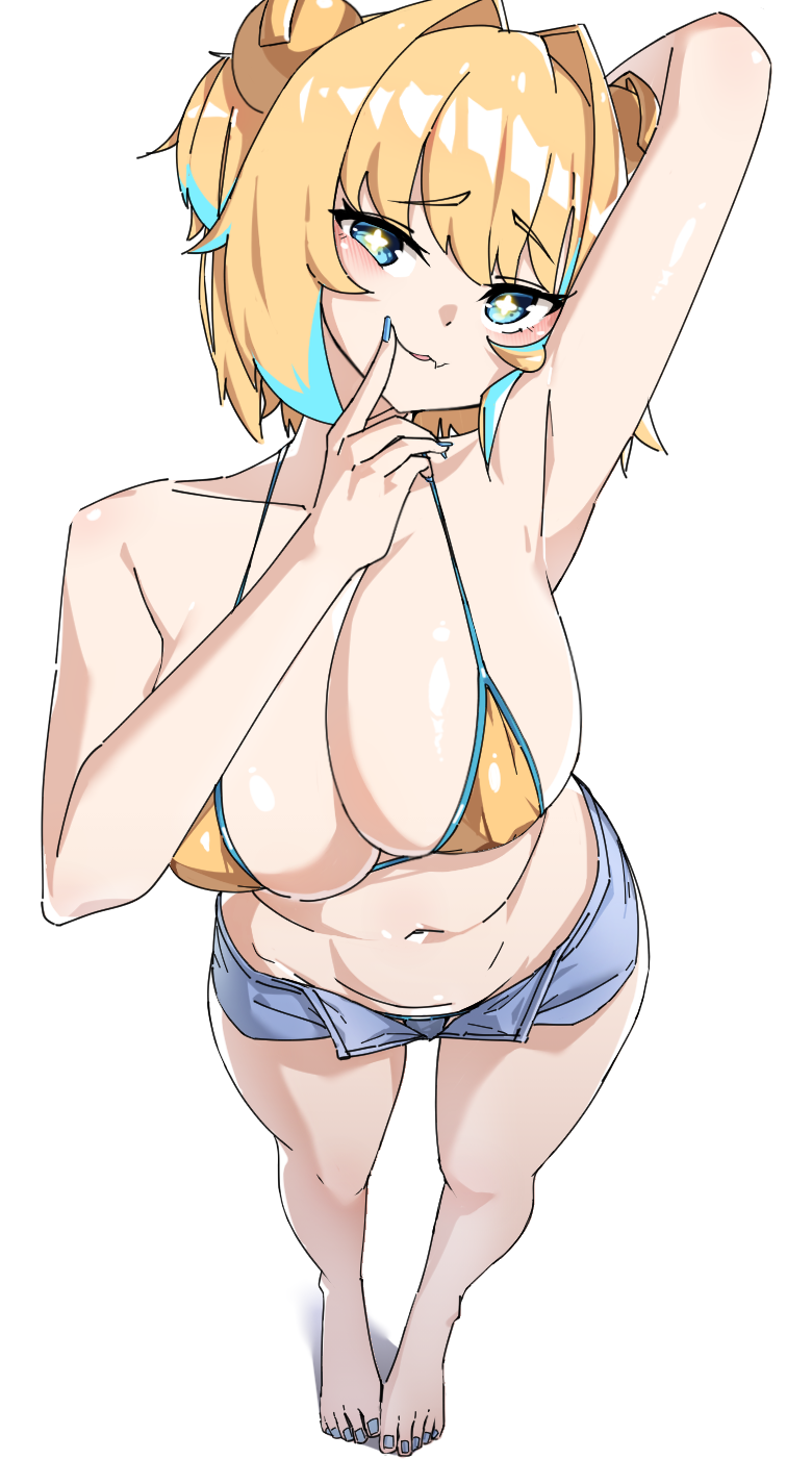 +_+, 1girl, arm_behind_head, armpits, barefoot, bikini, blonde_hair, blue_eyes
