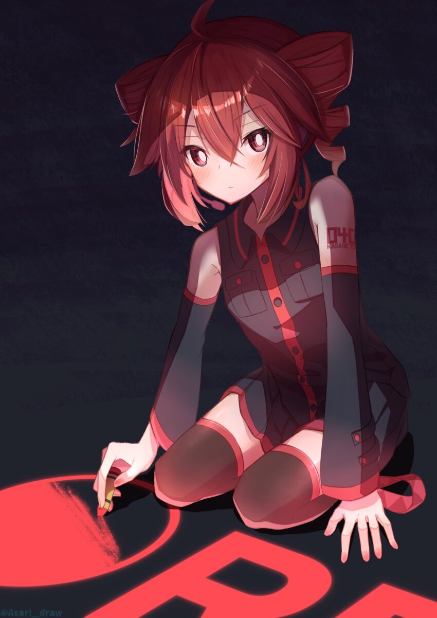 1girl, ahoge, asari_draw, bare_shoulders, belt, black_background, black_shirt, black_skirt