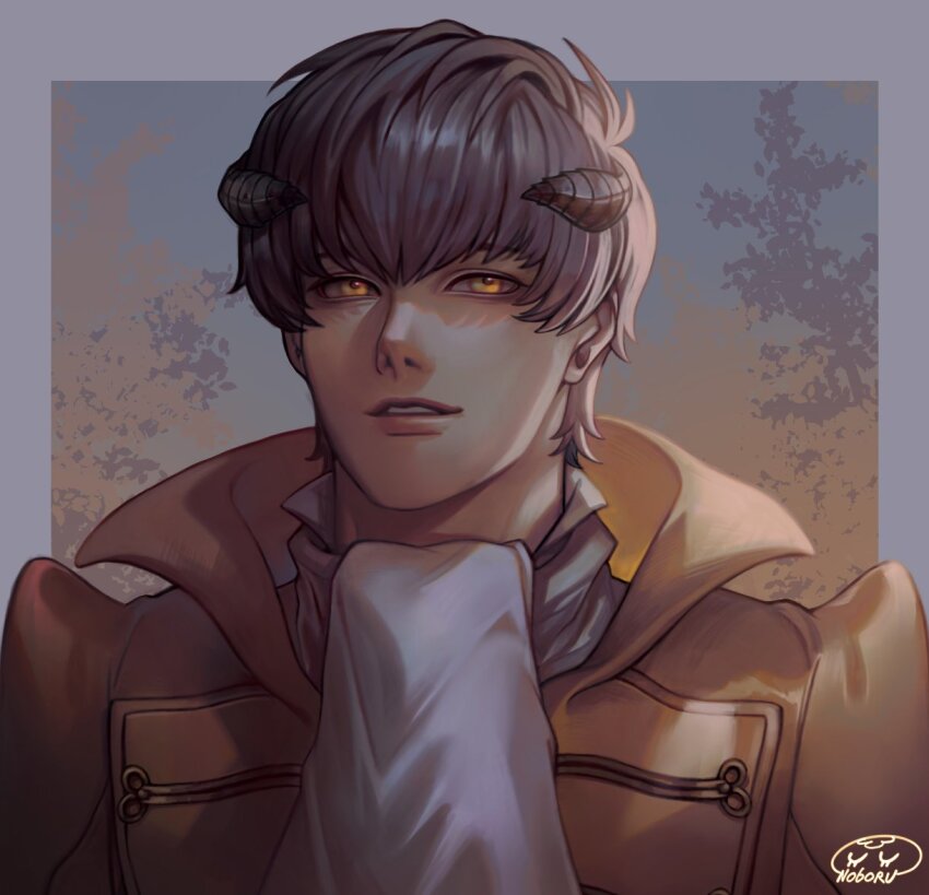 1boy, artistic_error, ascot, border, coat, collared_coat, commentary, english_commentary