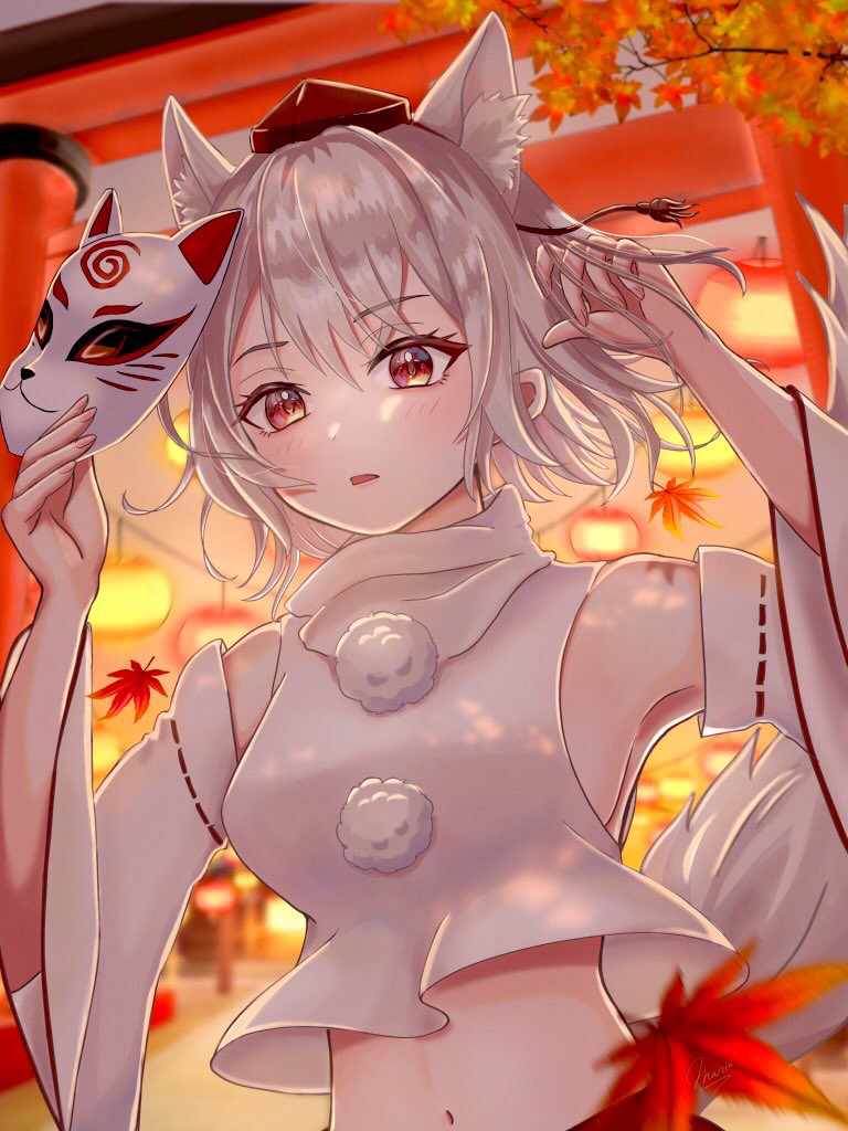 1girl, animal_ears, armpits, autumn_leaves, blurry, blurry_background, branch, breasts