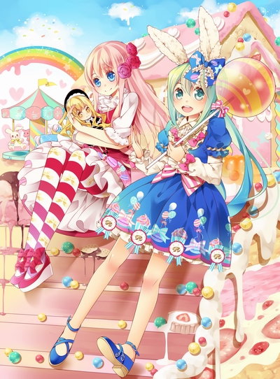 2girls, animal_ears, bad_id, bad_pixiv_id, blush, candy, dress, food