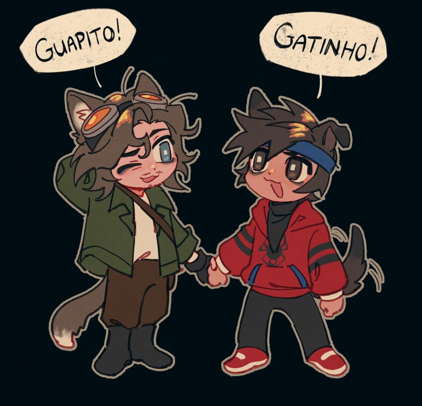 2boys, :d, animal_ears, animification, black_background, blue_eyes, blue_headband, boots, brown_eyes, brown_hair, brown_pants, cat_boy, cat_ears, cat_tail, cellbit, commentary, couple, cyani07, deformed, dog_boy, dog_ears, dog_tail, english_commentary, goggles, goggles_on_head, green_jacket, headband, highres, holding_hands, hood, hoodie, jacket, kemonomimi_mode, male_focus, marvel, medium_hair, minecraft_youtube, multiple_boys, one_eye_closed, open_clothes, open_jacket, open_mouth, pants, portuguese_text, quackity_smp, red_hoodie, roier_(youtuber), shirt, short_hair, simple_background, smile, spanish_text, speech_bubble, spider-man_(series), standing, tail, tail_wagging, tan, translation_request, white_shirt, yaoi