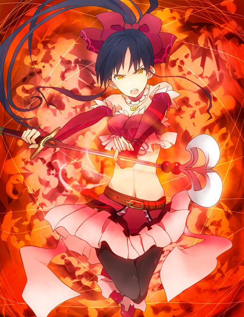 1girl, bare_shoulders, belt, black_hair, bow, detached_sleeves, female_focus, fingerless_gloves