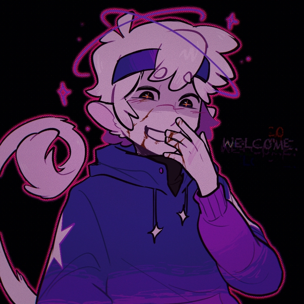 1boy, black_background, blood, colored_skin, commentary, crowendawn, english_commentary, english_text, grin, halo, headband, hood, hood_down, hoodie, lifesteal_smp, looking_at_viewer, male_focus, minecraft_youtube, monster_boy, ophanim_halo, planetlord, purple_eyes, purple_headband, purple_hoodie, short_hair, simple_background, smile, solo, star-shaped_pupils, star_(symbol), symbol-shaped_pupils, tail, white_hair, white_skin