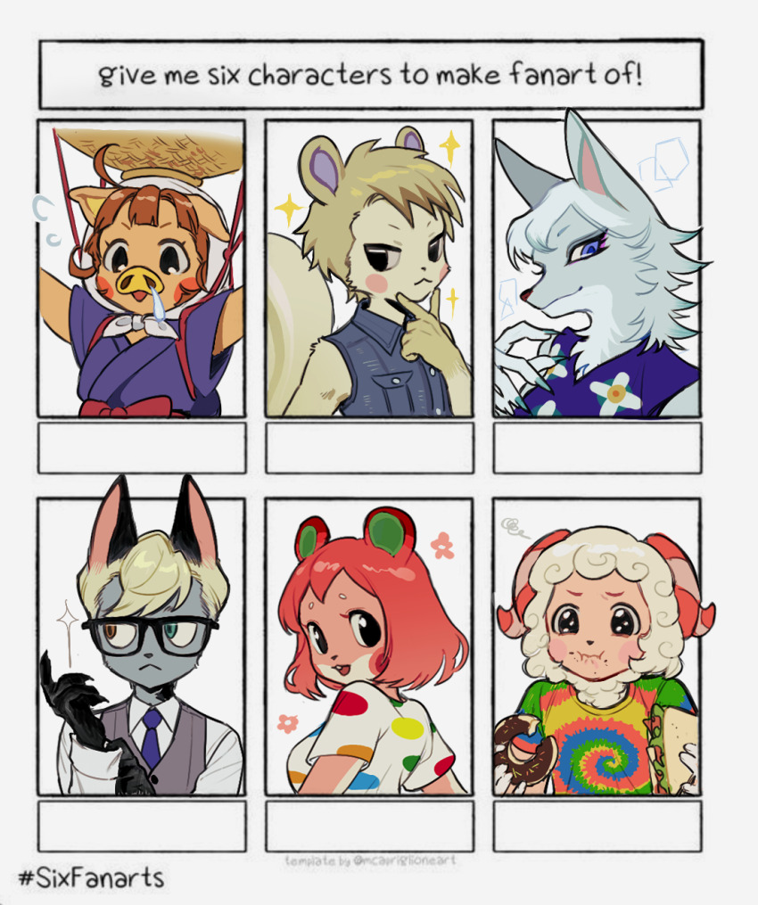 3boys, 3girls, animal_crossing, animal_crossing:_new_horizons, animal_ears, animal_nose, apple_(animal_crossing), black_eyes, blonde_hair, blue_dress, breasts, cat_boy, cat_ears, chinese_commentary, chocolate_donut, commentary_request, daisy_mae_(animal_crossing), denim_vest, dom_(animal_crossing), donut, dress, eating, floral_print, food, formal_clothes, frown, furry, furry_female, furry_male, glasses, hamster_ears, hamster_girl, heterochromia, highres, holding, holding_food, horns, marshal_(animal_crossing), multiple_boys, multiple_drawing_challenge, multiple_girls, necktie, nintendo, pig_ears, pig_girl, pig_nose, pleading_eyes, polka_dot, polka_dot_shirt, qin_(7833198), raymond_(animal_crossing), red_hair, sandwich, sheep_boy, sheep_horns, shirt, short_hair, six_fanarts_challenge, squirrel_boy, squirrel_ears, squirrel_tail, suit, tail, tie-dye, v, vest, whitney_(animal_crossing), wolf_ears, wolf_girl
