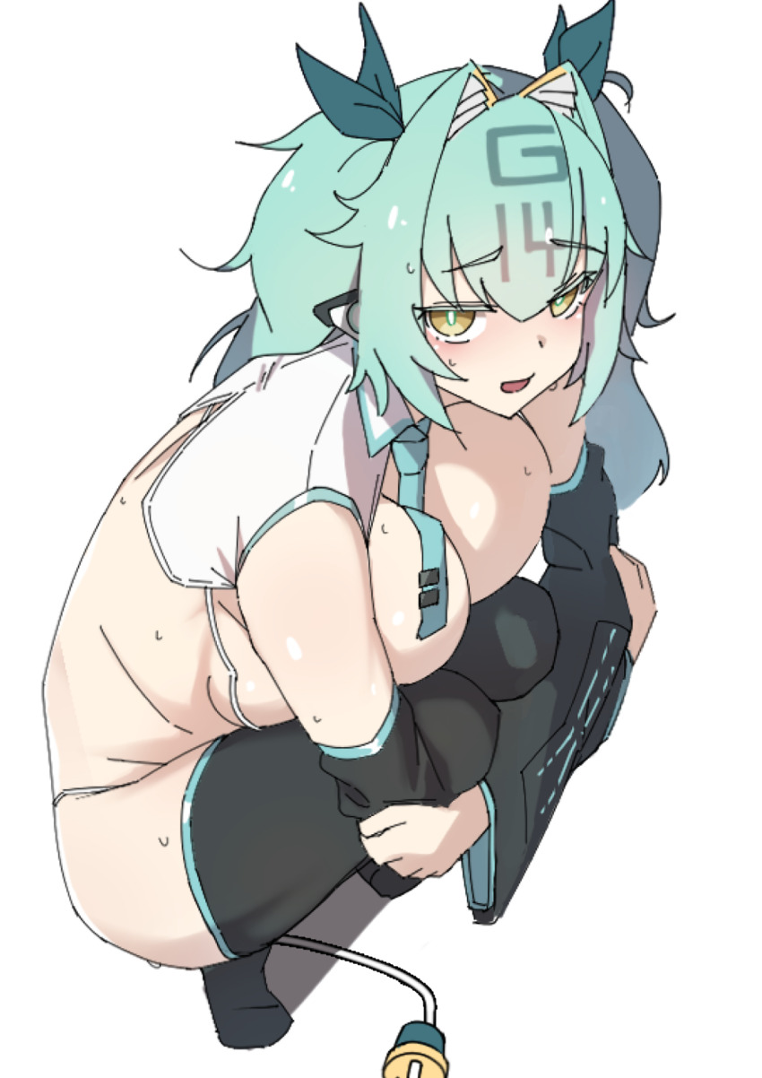 1girl, bikini, black_sleeves, black_thighhighs, blue_necktie, blush, breast_press, breasts, collar, commentary, cosplay, detached_collar, detached_sleeves, electric_plug, electric_plug_tail, full_body, g-14_iyo, hair_intakes, hatsune_miku, hatsune_miku_(cosplay), highres, large_breasts, long_hair, look-alike, looking_at_viewer, mahjong_fight_girl, miku_collar_bikini, necktie, nouka, open_mouth, simple_background, solo, squatting, sweat, swimsuit, tail, thighhighs, tie_clip, twintails, vocaloid, white_background, white_collar