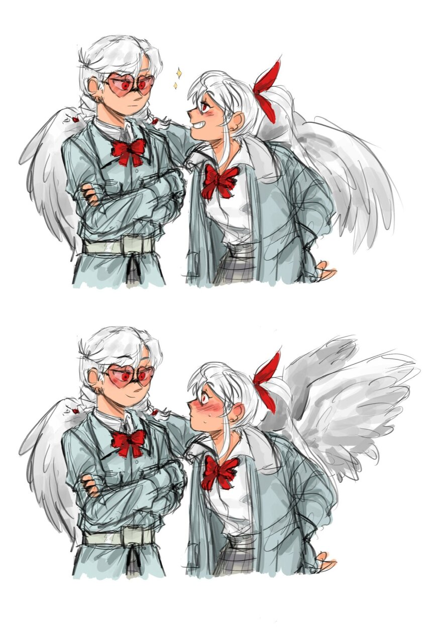 2girls, angel_wings, blush, bow, bowtie, chiyo_(love-bullet), cropped_legs, crossed_arms