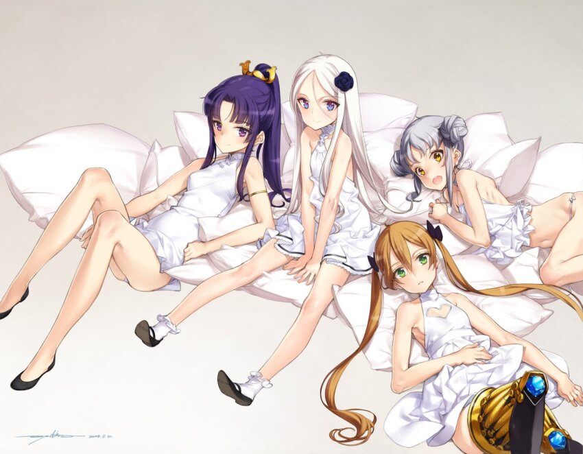 4girls, :d, achilles_(eiyuu_senki), armlet, bare_legs, bare_shoulders, between_thighs, blue_eyes