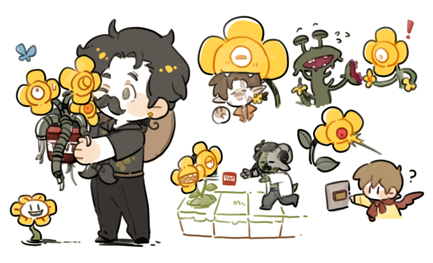 4boys, ?, animal_ears, bird_boy, bird_wings, biting, black_hair, brown_hair