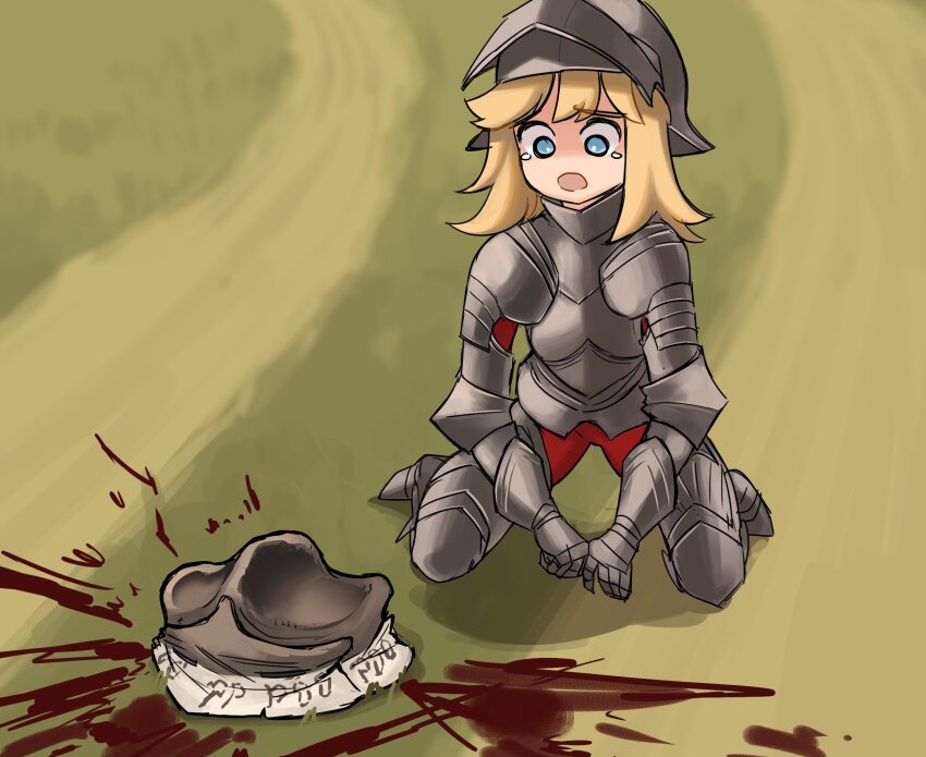 1girl, armor, blonde_hair, blood, blood_splatter, blue_eyes, breastplate, centurii-chan