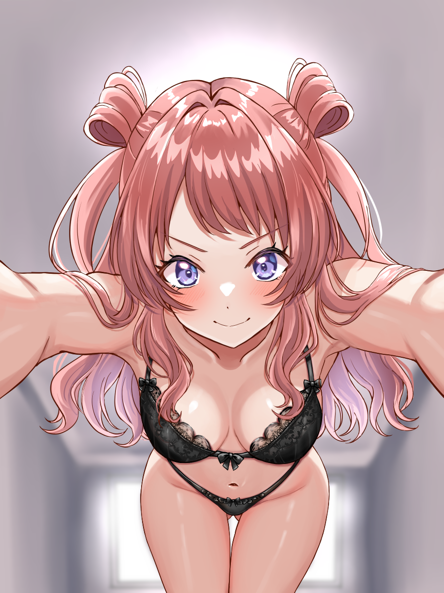 1girl, black_bra, black_panties, blue_eyes, blurry, blurry_background, blush, bra