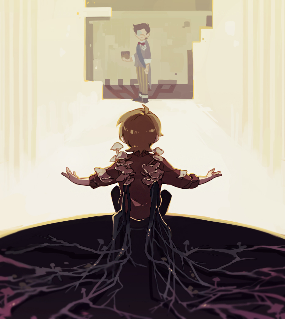 2boys, ahoge, block_(minecraft), bow, bowtie, brown_hair, commentary, goodtimeswithscar