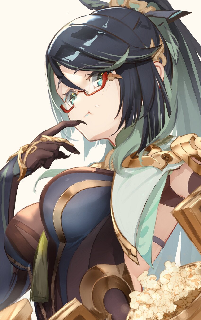 1girl, absurdres, aqua_eyes, aqua_eyeshadow, black_hair, bodystocking, breasts, chinese_hairpin