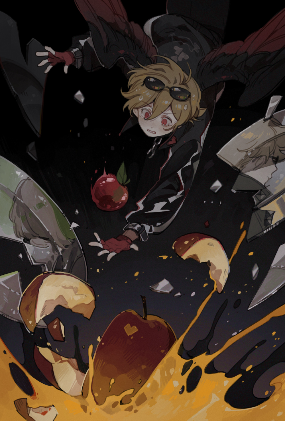1boy, adapted_costume, ahoge, animification, apple, bad_boys_(limited_life_smp), bird_boy, bird_wings, black_jacket, broken_glass, brown_hair, commentary, english_commentary, eyewear_on_head, falling, fingerless_gloves, food, fruit, glass, gloves, grian_(youtuber), heart, highres, jacket, leaf, leather, leather_jacket, life_heart_(traffic_life), light_brown_hair, limited_life_smp, liquid, luminous_slime, male_focus, minecraft_youtube, official_alternate_costume, plate, reaching, red_eyes, red_gloves, short_hair, smallishbeans, solidaritygaming, solo, sunglasses, tears, traffic_life_series, wings