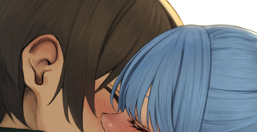 1boy, 1girl, aqua_(konosuba), blue_hair, blush, brown_hair, closed_eyes, from_side, hetero, implied_kiss, izawa_(bhive003), kono_subarashii_sekai_ni_shukufuku_wo!, mouth_out_of_frame, profile, satou_kazuma, short_hair