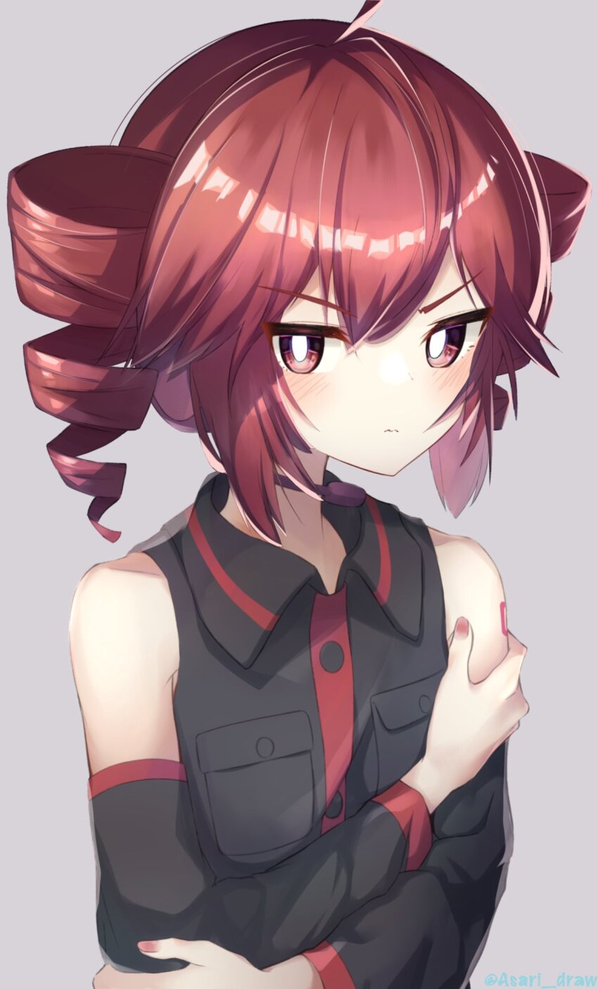 1girl, ahoge, arm_tattoo, asari_draw, black_sleeves, blush, bright_pupils, buttons, closed_mouth, collared_shirt, crossed_arms, detached_sleeves, double-parted_bangs, drill_hair, fingernails, flat_chest, grey_background, hair_between_eyes, hands_on_own_arms, headphones, highres, kasane_teto, kasane_teto_(utau), long_sleeves, looking_at_viewer, nail_polish, number_tattoo, pocket, red_eyes, red_hair, red_nails, red_trim, shirt, simple_background, sleeveless, sleeveless_shirt, solo, tattoo, three-quarter_sleeves, twin_drills, upper_body, utau, white_pupils, wing_collar