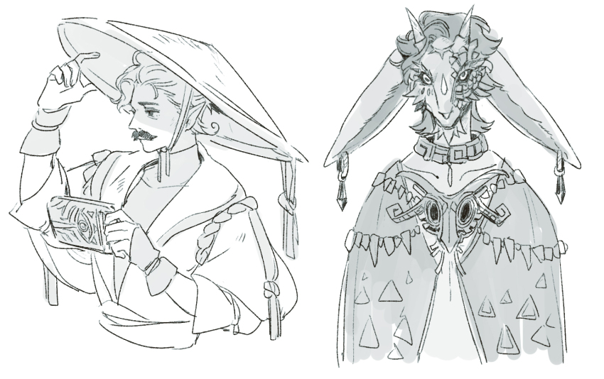 2boys, alternate_costume, alternate_form, alternate_species, alternate_universe, animal_ears, animification, commentary, crossover, crystal_earrings, docm77, earrings, english_commentary, facial_hair, furrification, furry, furry_male, greyscale, hat, hermitcraft, holding, jewelry, looking_at_viewer, luminous_slime, male_focus, minecraft_youtube, monochrome, multiple_boys, mumbo_jumbo_(youtuber), mustache, nintendo, pointy_ears, short_hair, simple_background, sketch, the_legend_of_zelda, the_legend_of_zelda:_tears_of_the_kingdom, white_background, zonai