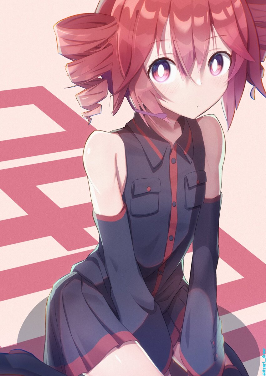 1girl, asari_draw, black_skirt, black_sleeves, blush, bright_pupils, closed_mouth, collared_shirt, detached_sleeves, double-parted_bangs, drill_hair, flat_chest, hair_between_eyes, headphones, headset, highres, kasane_teto, kasane_teto_(utau), kneeling, long_sleeves, looking_at_viewer, microphone, on_floor, pleated_skirt, pocket, red_eyes, red_hair, red_trim, shadow, shirt, skirt, skirt_set, sleeveless, sleeveless_shirt, sleeves_past_wrists, solo, twin_drills, utau, white_pupils, wing_collar