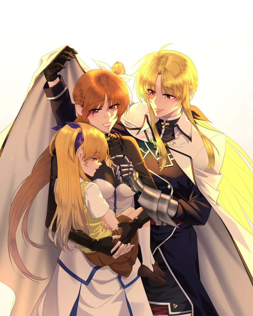 3girls, absurdres, black_gloves, black_ribbon, blonde_hair, blue_ribbon, brown_footwear, cape