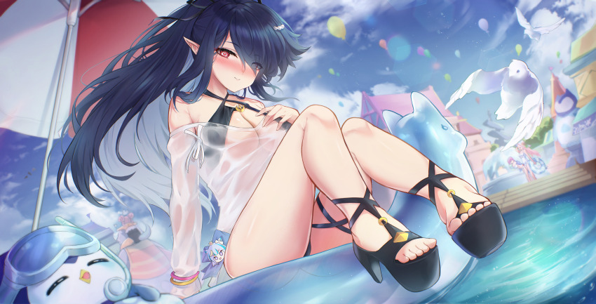 4girls, absurdres, back, balloon, bare_arms, bare_legs, bare_shoulders, bird