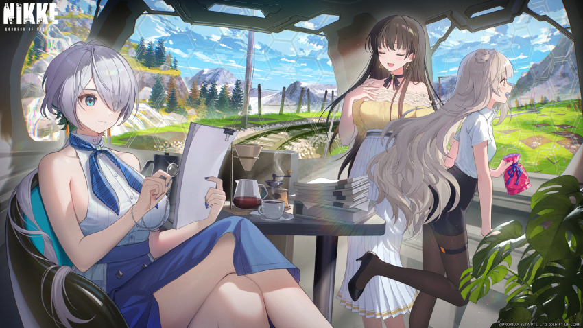 3girls, absurdres, alternate_costume, bag, black_footwear, black_pantyhose, black_ribbon, black_skirt