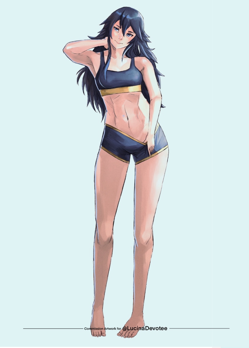 1girl, arm_behind_head, blue_eyes, blue_hair, clothes_pull, commentary, commission, crop_top, english_commentary, fire_emblem, fire_emblem_awakening, full_body, highres, long_hair, looking_at_viewer, lucina_(fire_emblem), navel, nintendo, rod_langhi, short_shorts, shorts, shorts_pull, simple_background, sleeveless, solo, toned, toned_female, white_background